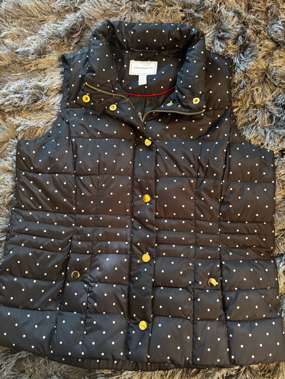 Charter Club Black Polka Dot Quilted Puffer Vest with Gold Snaps